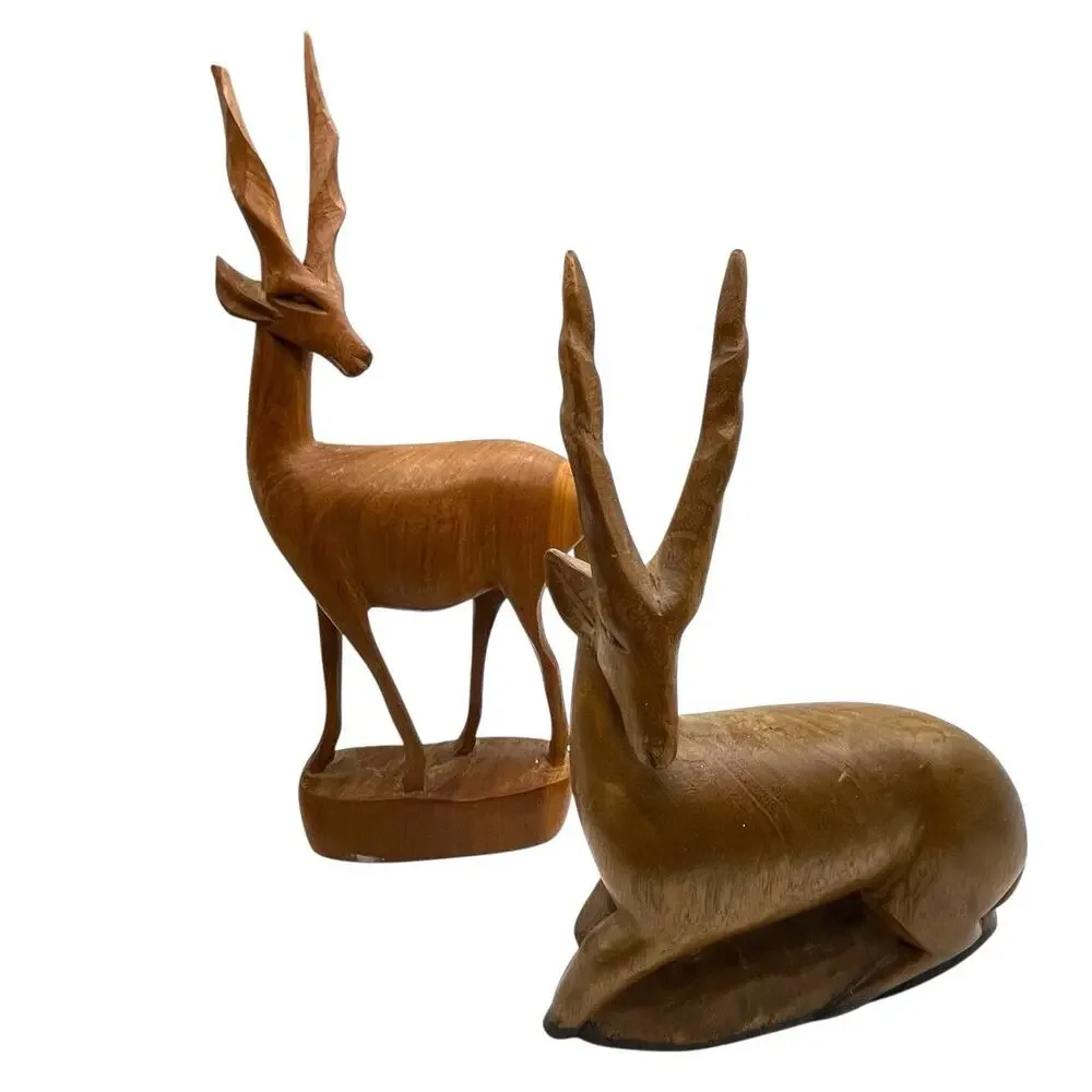 1967 Antelopes Figurines Sculptures Vintate Hand Carved Signed Wood